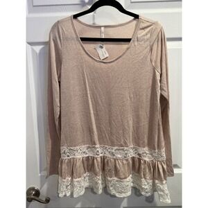 Line Up Beige Lace Trim Peplum Top Long Sleeve Women's Size L